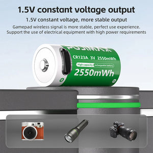 Batterie rechargeable PUJIMAX CR123A 3 V au lithium-ion, 2 550 mAh, recharge rapide via USB-C, idéale pour les lampes frontales de plein air.