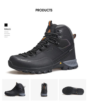 Humtto "HT-240783A" chaussures de randonnée high-top 100% imperméables pour homme, avec semelle robuste, empiècements en mesh et bout renforcé, exposées sur fond blanc. Logo Humtto en haut à gauche.