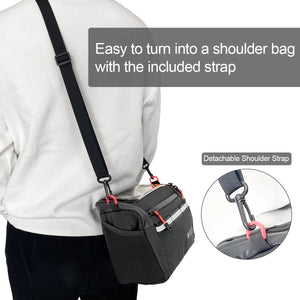 Personne portant la sacoche isotherme Toptrek 4L Bag01 fixée au guidon dun vélo, gros plan sur la fixation de la sangle.