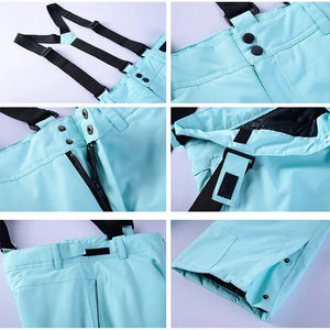 Collage de pantalons d'hiver unisexes turquoise « Artic King - Queen 105 » avec bretelles noires, avec des détails comme des boutons, des fermetures à glissière et des fonctionnalités réglables dignes de la royauté.