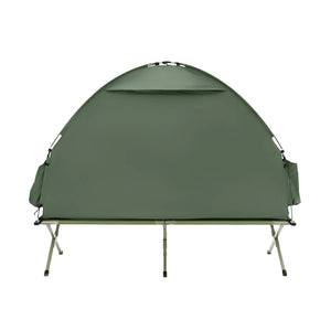 Le SoBuy Lit de camp hybride avec tente 3 en 1 pour 1 personne "OGS32-II" comprend une tente en polyester vert, des pieds en aluminium, une fenêtre latérale, une moustiquaire et une pochette de rangement.