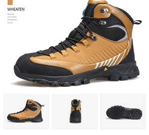 Bottines d'expédition pour homme Humtto "HT-240662A" noires et bleues, 100% imperméables, semelle renforcée et antidérapante. L'encart montre l'eau qui s'écoule. Idéales pour aventures outdoor, gardent vos pieds au sec et stables.