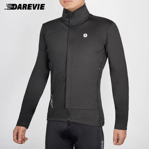 Deux DAREVIE Veste de cyclisme d'hiver en polaire thermique résistante à l'eau (DVJ229), l'une bleue et l'autre noire, sont présentées avec un gros plan de la double fermeture éclair et un logo réfléchissant "DAREVIE" dans le coin supérieur gauche. Pour températures de -5 à 10°C.