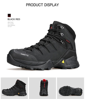 A single Humtto Chaussure de randonnée high-top "HT-250290A", vert et noir, en cuir véritable, avec lacets noirs et semelle antidérapante splash-proof, est présentée en vue latérale.