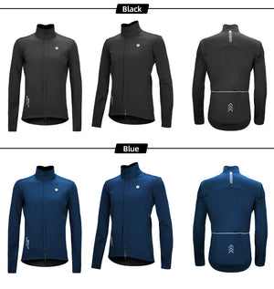 Deux DAREVIE Veste de cyclisme d'hiver en polaire thermique résistante à l'eau (DVJ229), l'une bleue et l'autre noire, sont présentées avec un gros plan de la double fermeture éclair et un logo réfléchissant "DAREVIE" dans le coin supérieur gauche. Pour températures de -5 à 10°C.