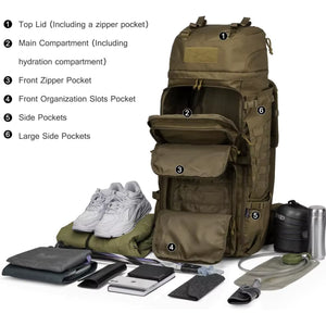 Sac à dos tactique Spanker Excellente Elite de 75 L en polyester kaki, 6 compartiments ouverts pouvant accueillir des chaussures, une gourde et divers accessoires.