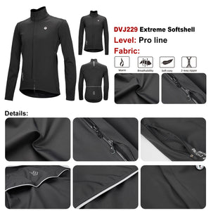 Deux DAREVIE Veste de cyclisme d'hiver en polaire thermique résistante à l'eau (DVJ229), l'une bleue et l'autre noire, sont présentées avec un gros plan de la double fermeture éclair et un logo réfléchissant "DAREVIE" dans le coin supérieur gauche. Pour températures de -5 à 10°C.