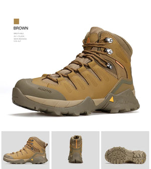 A single Humtto Chaussure de randonnée high-top "HT-250290A", vert et noir, en cuir véritable, avec lacets noirs et semelle antidérapante splash-proof, est présentée en vue latérale.