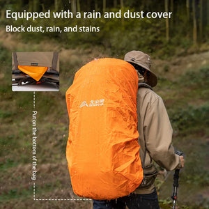 Le BISINNA Sac à dos de trekking 70L (B042), 1,58 kg avec housse de pluie, comporte de multiples compartiments, des poches latérales en filet, des bretelles réglables et une poche frontale zippée.