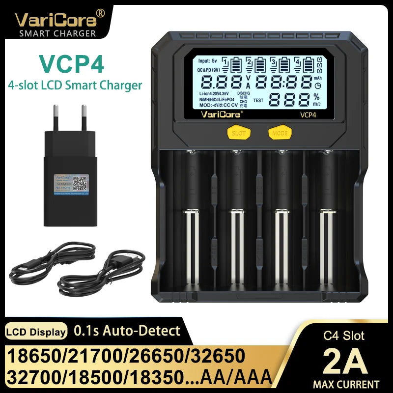 Chargeur intelligent avec écran LCD pour batteries Li-ion 3,7V / LiFePO4 3,2V / Ni-MH 1,2V "VariCore VCR4/P4"