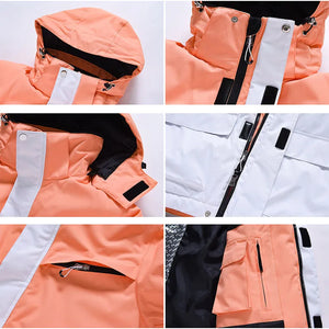Collage présentant les détails de la veste orange et blanche « Artic King - Queen 105 » d'Artic King, fabriquée en polyester durable, dotée d'une capuche, d'une fermeture éclair, de fermetures Velcro, de poches et d'une doublure.