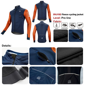 Trois vestes DAREVIE "Veste de cyclisme & coupe-vent polaire manches longues pour homme DVJ330" de différentes couleurs sont présentées, avec un graphique enflammé sur une manche illustrant la chaleur et la rétention de la chaleur de la conception.