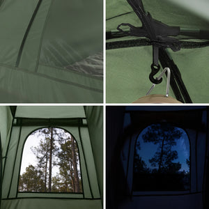 Le SoBuy Lit de camp hybride avec tente 3 en 1 pour 1 personne "OGS32-II" comprend une tente en polyester vert, des pieds en aluminium, une fenêtre latérale, une moustiquaire et une pochette de rangement.