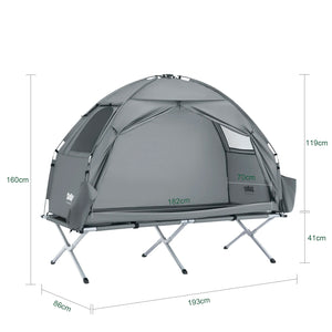 Le SoBuy Lit de camp hybride avec tente 3 en 1 pour 1 personne "OGS32-II" comprend une tente en polyester vert, des pieds en aluminium, une fenêtre latérale, une moustiquaire et une pochette de rangement.