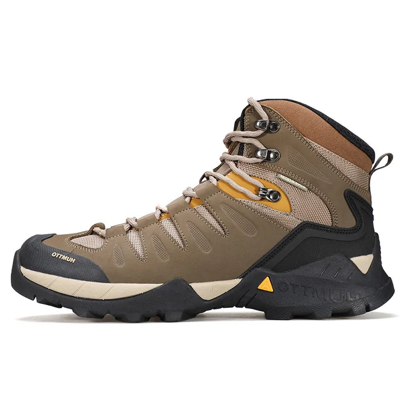 A single Humtto Chaussure de randonnée high-top "HT-250290A", vert et noir, en cuir véritable, avec lacets noirs et semelle antidérapante splash-proof, est présentée en vue latérale.