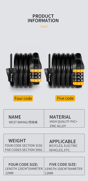 Antivol à câble en acier pour vélo VTT, vélo de route avec mot de passe "WEST BIKING - YP0705061 - 062" - Planète Rando