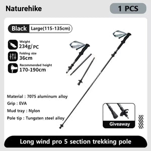 Bâton de trekking télescopique pliable & ultralight en fibre de carbone avec technologie 3K carbon fiber 189g l'unité "Naturehike - UL/PRO Carbon series" - Planète Rando