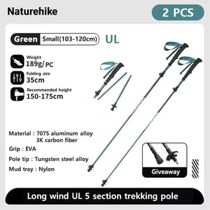 Bâton de trekking télescopique pliable & ultralight en fibre de carbone avec technologie 3K carbon fiber 189g l'unité "Naturehike - UL/PRO Carbon series" - Planète Rando