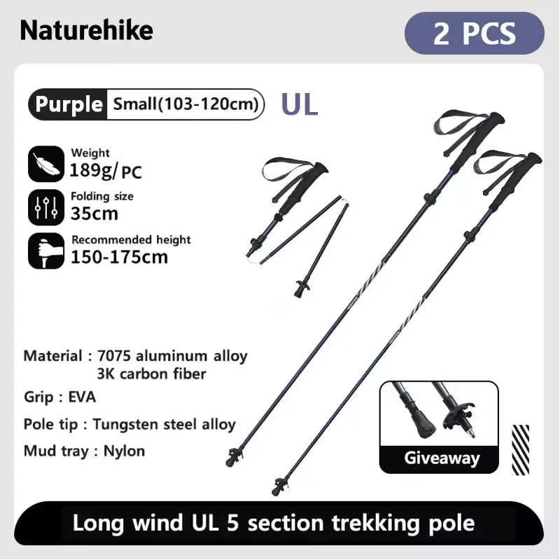 Bâton de trekking télescopique pliable & ultralight en fibre de carbone avec technologie 3K carbon fiber 189g l'unité "Naturehike - UL/PRO Carbon series" - Planète Rando