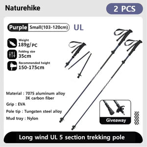 Bâton de trekking télescopique pliable & ultralight en fibre de carbone avec technologie 3K carbon fiber 189g l'unité "Naturehike - UL/PRO Carbon series" - Planète Rando