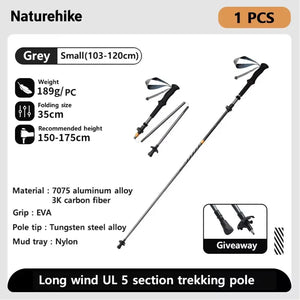 Bâton de trekking télescopique pliable & ultralight en fibre de carbone avec technologie 3K carbon fiber 189g l'unité "Naturehike - UL/PRO Carbon series" - Planète Rando