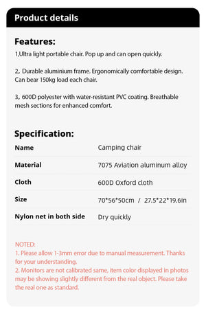 Chaise pliante ultralégère en aluminium pour pour camping et bivouac "Pacoone - camping chair" - Planète Rando