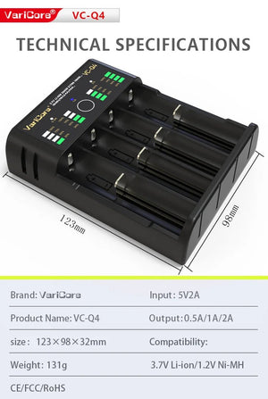 Chargeur intelligent portable pour batteries lithium 3,7V et 1,2 V Ni - MH Ni - Cd AA/AAA "VariCore VCQ4 TC2" - Planète Rando