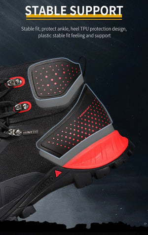 Les bottines de randonnée mid-top HUMTTO HT-230275A pour homme, noires avec détails rouges et semelle robuste, offrent une protection splash-proof. Affichées sur fond blanc avec logo Humtto. Imperméables en cuir idéales pour l'aventure.