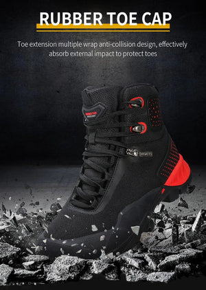 Les bottines de randonnée mid-top HUMTTO HT-230275A pour homme, noires avec détails rouges et semelle robuste, offrent une protection splash-proof. Affichées sur fond blanc avec logo Humtto. Imperméables en cuir idéales pour l'aventure.