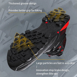 Les bottines de randonnée mid-top HUMTTO HT-230275A pour homme, noires avec détails rouges et semelle robuste, offrent une protection splash-proof. Affichées sur fond blanc avec logo Humtto. Imperméables en cuir idéales pour l'aventure.