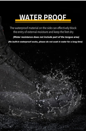 Les bottines de randonnée mid-top HUMTTO HT-230275A pour homme, noires avec détails rouges et semelle robuste, offrent une protection splash-proof. Affichées sur fond blanc avec logo Humtto. Imperméables en cuir idéales pour l'aventure.