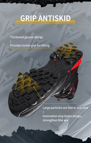 Les bottines de randonnée mid-top HUMTTO HT-230275A pour homme, noires avec détails rouges et semelle robuste, offrent une protection splash-proof. Affichées sur fond blanc avec logo Humtto. Imperméables en cuir idéales pour l'aventure.