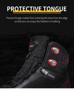 Les bottines de randonnée mid-top HUMTTO HT-230275A pour homme, noires avec détails rouges et semelle robuste, offrent une protection splash-proof. Affichées sur fond blanc avec logo Humtto. Imperméables en cuir idéales pour l'aventure.