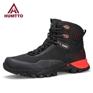 Les bottines de randonnée mid-top HUMTTO HT-230275A pour homme, noires avec détails rouges et semelle robuste, offrent une protection splash-proof. Affichées sur fond blanc avec logo Humtto. Imperméables en cuir idéales pour l'aventure.
