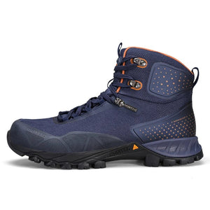 Les bottines de randonnée mid-top HUMTTO HT-230275A pour homme, noires avec détails rouges et semelle robuste, offrent une protection splash-proof. Affichées sur fond blanc avec logo Humtto. Imperméables en cuir idéales pour l'aventure.