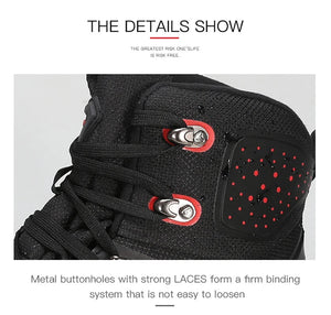 Les bottines de randonnée mid-top HUMTTO HT-230275A pour homme, noires avec détails rouges et semelle robuste, offrent une protection splash-proof. Affichées sur fond blanc avec logo Humtto. Imperméables en cuir idéales pour l'aventure.