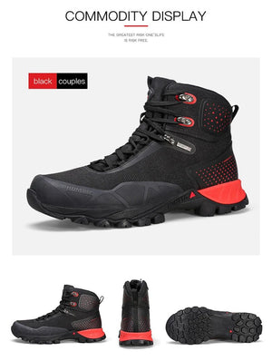 Les bottines de randonnée mid-top HUMTTO HT-230275A pour homme, noires avec détails rouges et semelle robuste, offrent une protection splash-proof. Affichées sur fond blanc avec logo Humtto. Imperméables en cuir idéales pour l'aventure.