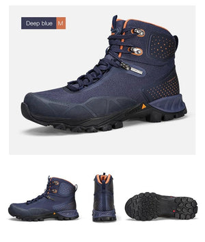 Les bottines de randonnée mid-top HUMTTO HT-230275A pour homme, noires avec détails rouges et semelle robuste, offrent une protection splash-proof. Affichées sur fond blanc avec logo Humtto. Imperméables en cuir idéales pour l'aventure.