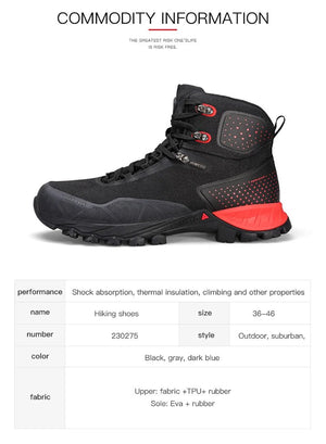 Les bottines de randonnée mid-top HUMTTO HT-230275A pour homme, noires avec détails rouges et semelle robuste, offrent une protection splash-proof. Affichées sur fond blanc avec logo Humtto. Imperméables en cuir idéales pour l'aventure.