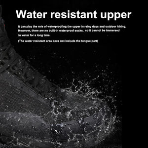 Les bottines de randonnée mid-top HUMTTO HT-230275A pour homme, noires avec détails rouges et semelle robuste, offrent une protection splash-proof. Affichées sur fond blanc avec logo Humtto. Imperméables en cuir idéales pour l'aventure.