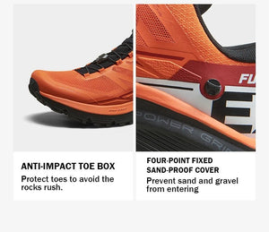 Vue latérale de la chaussure de trail unisexe Kailas FUGA EX 2 orange avec semelle Vibram Megagrip (drop 8 mm), système de laçage rapide et marquage blanc sur le talon, sur un fond uni.