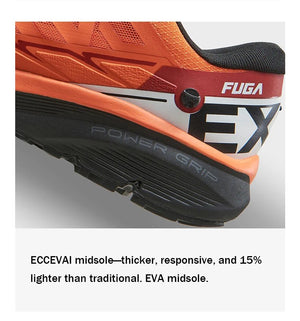Vue latérale de la chaussure de trail unisexe Kailas FUGA EX 2 orange avec semelle Vibram Megagrip (drop 8 mm), système de laçage rapide et marquage blanc sur le talon, sur un fond uni.