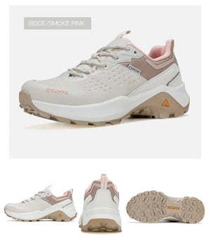 Chaussures de randonnée / trail low-top pour femme "HUMTTO - HT-160560B" grises et blanches en cuir véritable, semelle noire, accents roses, logo Humtto sur le côté et le dessus-idéales pour la randonnée.