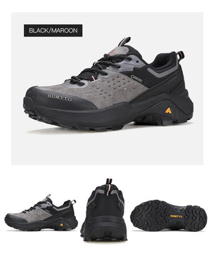 Chaussures de randonnée / trail low-top pour femme "HUMTTO - HT-160560B" grises et blanches en cuir véritable, semelle noire, accents roses, logo Humtto sur le côté et le dessus-idéales pour la randonnée.