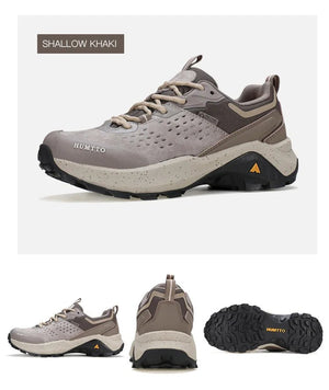 Chaussures de randonnée / trail low-top pour femme "HUMTTO - HT-160560B" grises et blanches en cuir véritable, semelle noire, accents roses, logo Humtto sur le côté et le dessus-idéales pour la randonnée.