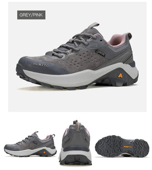 Chaussures de randonnée / trail low-top pour femme "HUMTTO - HT-160560B" grises et blanches en cuir véritable, semelle noire, accents roses, logo Humtto sur le côté et le dessus-idéales pour la randonnée.