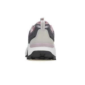 Chaussures de randonnée / trail low-top pour femme "HUMTTO - HT-160560B" grises et blanches en cuir véritable, semelle noire, accents roses, logo Humtto sur le côté et le dessus-idéales pour la randonnée.