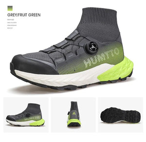 Les chaussures de randonnée Humtto "HUMTTO - HT-350632A" présentent un design noir, une semelle épaisse, un collier de chaussettes intégré, un cadran réglable et une adhérence antidérapante - parfaites comme chaussures de randonnée homme antidérapantes.