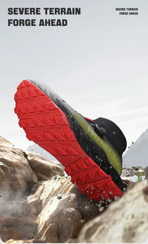 Les chaussures de randonnée Humtto "HUMTTO - HT-350632A" présentent un design noir, une semelle épaisse, un collier de chaussettes intégré, un cadran réglable et une adhérence antidérapante - parfaites comme chaussures de randonnée homme antidérapantes.