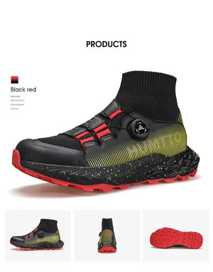 Les chaussures de randonnée Humtto "HUMTTO - HT-350632A" présentent un design noir, une semelle épaisse, un collier de chaussettes intégré, un cadran réglable et une adhérence antidérapante - parfaites comme chaussures de randonnée homme antidérapantes.